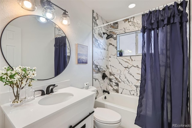 bathroom featuring vanity, toilet, and shower / tub combo with curtain