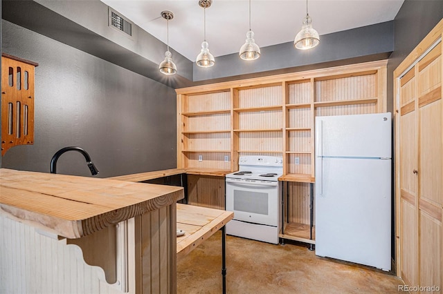 kitchen with white appliances, light brown cabinetry, butcher block countertops, and hanging light fixtures