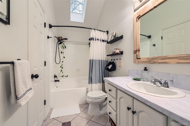 bathroom with shower / tub combo, tile patterned floors, vanity, toilet, and lofted ceiling with skylight