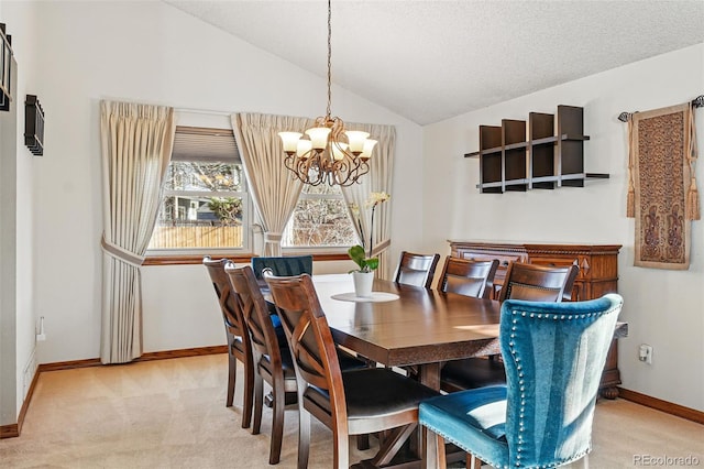 carpeted dining room featuring a textured ceiling, baseboards, lofted ceiling, and an inviting chandelier