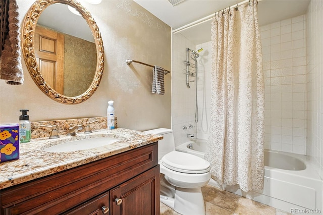 bathroom with visible vents, shower / bath combo with shower curtain, toilet, vanity, and a textured wall