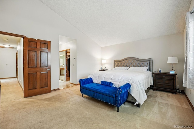 carpeted bedroom featuring a textured ceiling, high vaulted ceiling, and baseboards