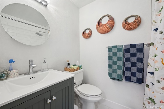 bathroom featuring vanity, tile patterned flooring, toilet, and a shower with curtain