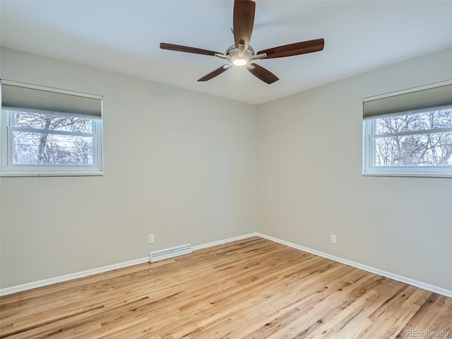 empty room with ceiling fan, light hardwood / wood-style floors, and a wealth of natural light