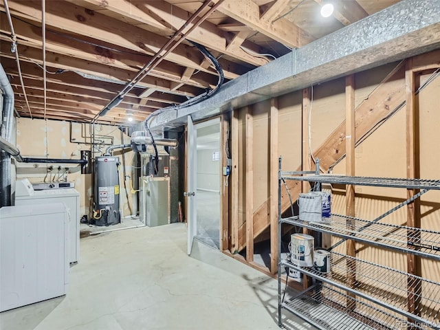 basement with heating unit and water heater