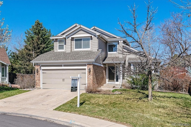 12559 W Crestline Dr, Littleton, CO 80127 - view of front facade with entry steps, a front lawn, brick siding, a garage, and driveway