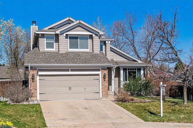 12559 W Crestline Dr, Littleton, CO 80127 - view of front of house with roof with shingles, a front yard, an attached garage, a chimney, and concrete driveway