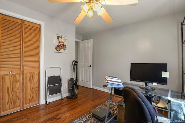 office space featuring dark hardwood / wood-style floors and ceiling fan