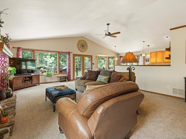 19795 Flint Ln, Morrison, CO 80465 - living area featuring carpet floors, ceiling fan, and high vaulted ceiling