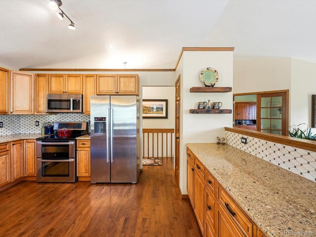 19795 Flint Ln, Morrison, CO 80465 - kitchen with appliances with stainless steel finishes, dark wood-type flooring, light stone countertops, open shelves, and decorative backsplash