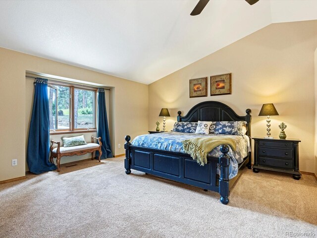 19795 Flint Ln, Morrison, CO 80465 - carpeted bedroom with lofted ceiling and ceiling fan