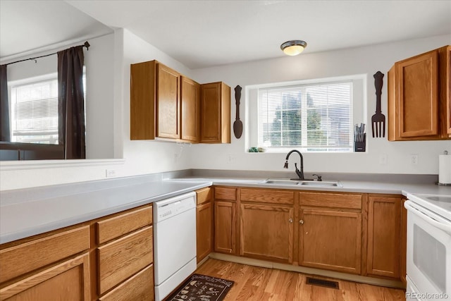 kitchen with light hardwood / wood-style floors, sink, and white appliances