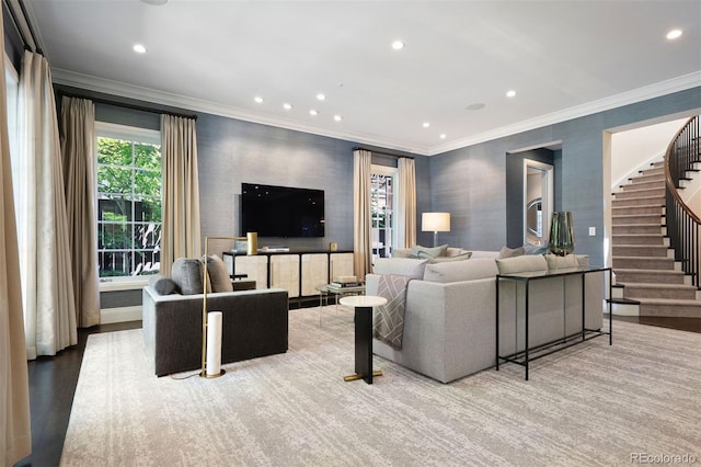 450 Steele St, Denver, CO 80206 - living room with recessed lighting, stairs, and ornamental molding