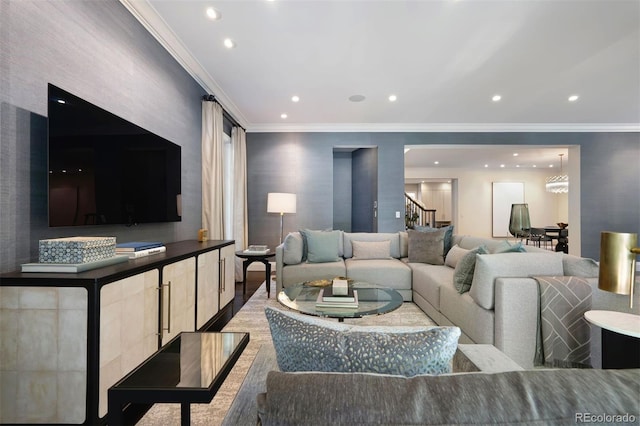 450 Steele St, Denver, CO 80206 - living area featuring stairway, crown molding, and recessed lighting