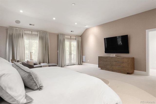 450 Steele St, Denver, CO 80206 - carpeted bedroom featuring lofted ceiling, multiple windows, and recessed lighting