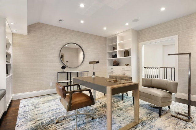 450 Steele St, Denver, CO 80206 - office area with wallpapered walls, dark wood-style floors, and recessed lighting