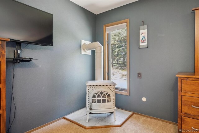 25357 Snyder Ave, Conifer, CO 80433 - living area featuring a wood stove, carpet, and baseboards