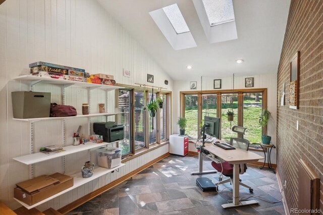 25357 Snyder Ave, Conifer, CO 80433 - office featuring a skylight, stone finish flooring, and high vaulted ceiling