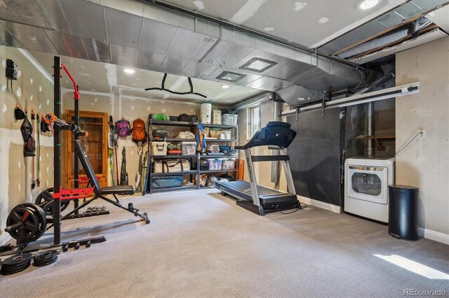 25357 Snyder Ave, Conifer, CO 80433 - workout area with washer / clothes dryer, carpet, and baseboards