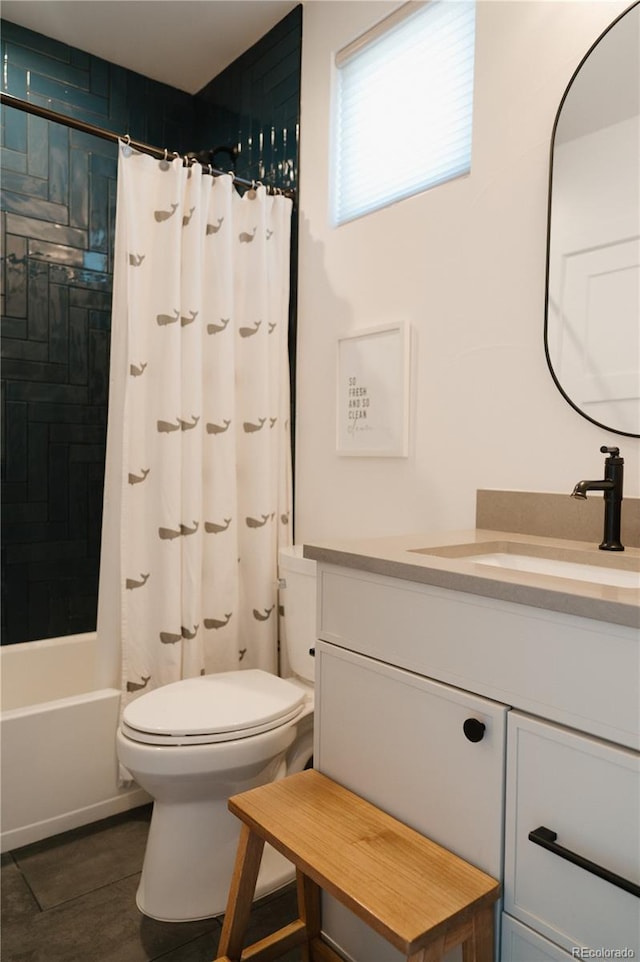 bathroom featuring shower / bathtub combination with curtain, toilet, and vanity