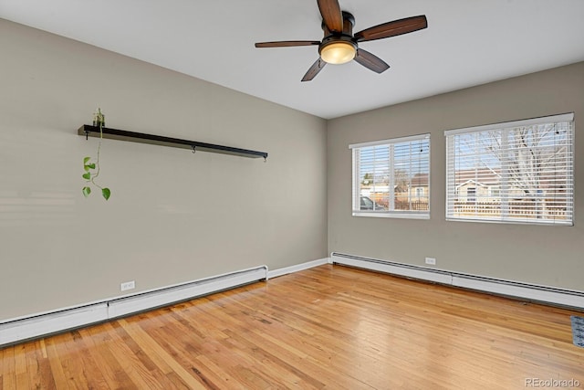 spare room featuring hardwood / wood-style floors, baseboard heating, and ceiling fan