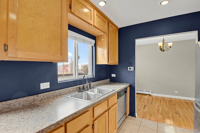 kitchen featuring a sink, a chandelier, light tile patterned floors, baseboard heating, and stainless steel dishwasher