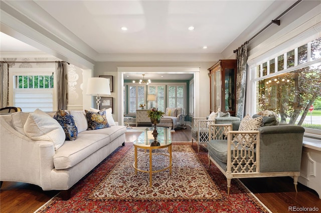 4535 E Montview Blvd, Denver, CO 80207 - living area with wood finished floors, a chandelier, and recessed lighting