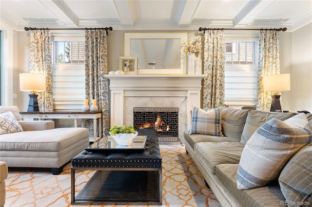 4535 E Montview Blvd, Denver, CO 80207 - living room featuring healthy amount of natural light, beamed ceiling, a premium fireplace, and ornamental molding