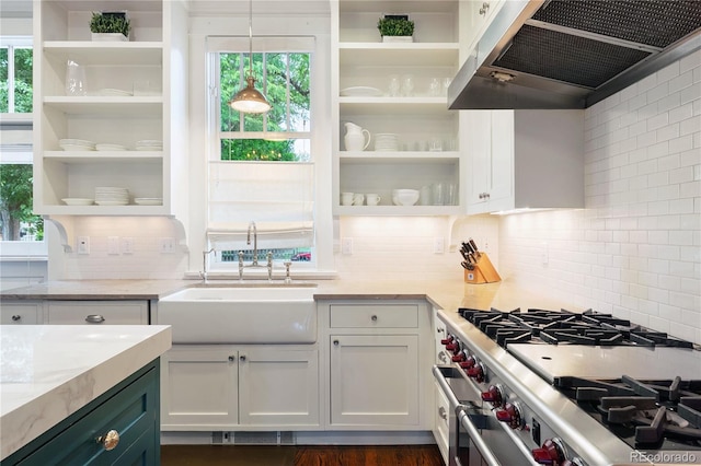 4535 E Montview Blvd, Denver, CO 80207 - kitchen with open shelves, high end stainless steel range, wall chimney exhaust hood, and a sink