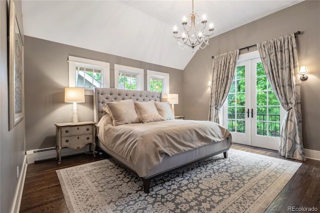 4535 E Montview Blvd, Denver, CO 80207 - bedroom with access to exterior, a chandelier, baseboards, dark wood-style floors, and lofted ceiling