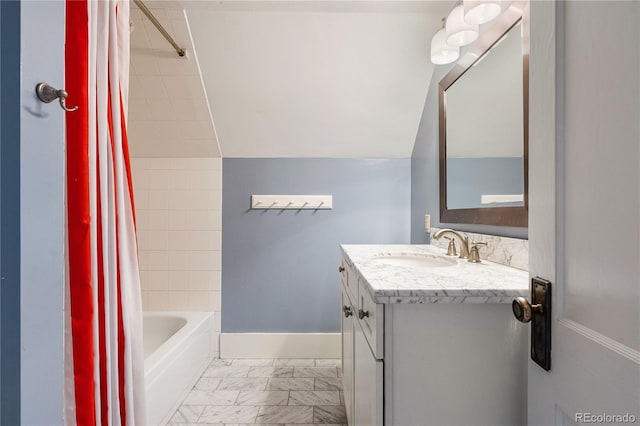 4535 E Montview Blvd, Denver, CO 80207 - full bath featuring vanity, marble look tile flooring, shower / bathtub combination with curtain, and baseboards