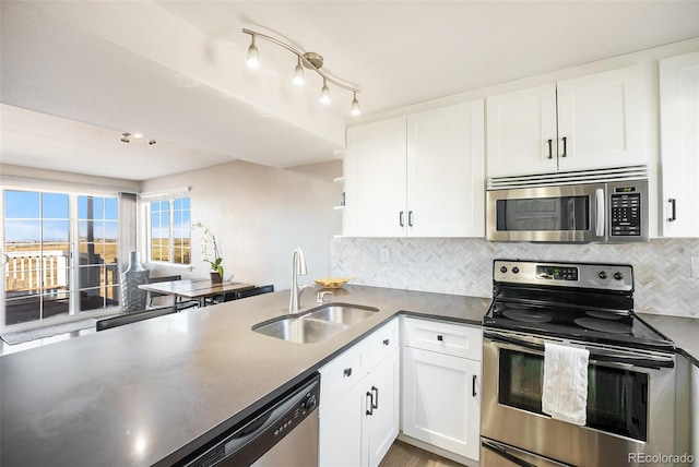 kitchen with white cabinets, a sink, stainless steel appliances, and tasteful backsplash