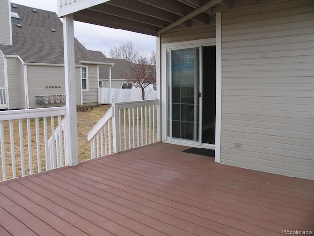 wooden terrace featuring fence