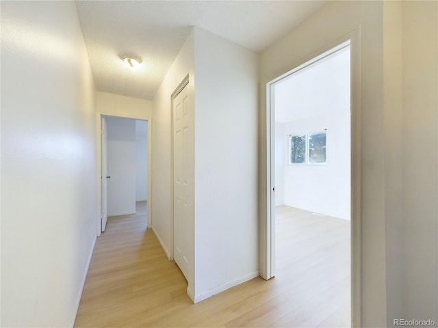 corridor featuring a textured ceiling and light hardwood / wood-style floors