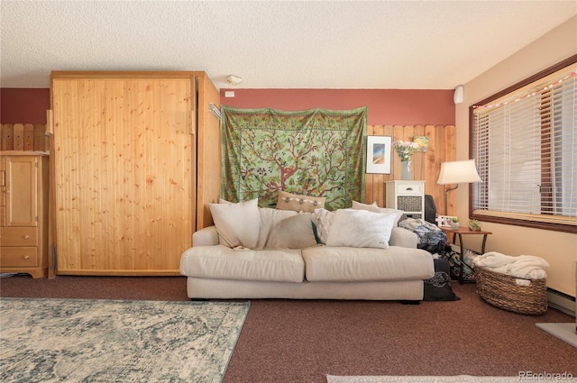 carpeted living room with a textured ceiling