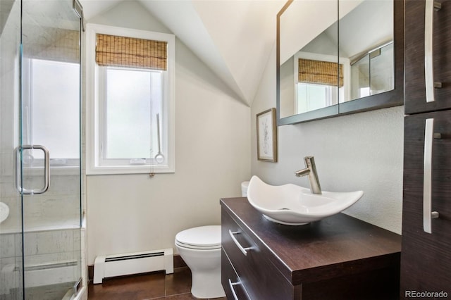 full bath featuring baseboard heating, lofted ceiling, a shower stall, vanity, and toilet