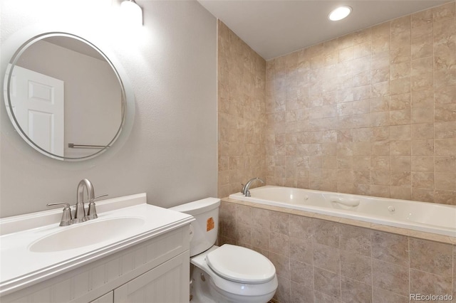 27627 E Broadview Dr, Kiowa, CO 80117 - bathroom with a relaxing tiled tub, toilet, vanity, and recessed lighting