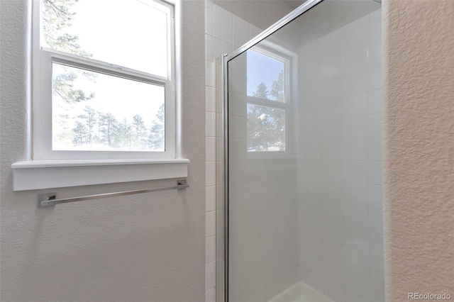 27627 E Broadview Dr, Kiowa, CO 80117 - bathroom featuring a stall shower, plenty of natural light, and a textured wall