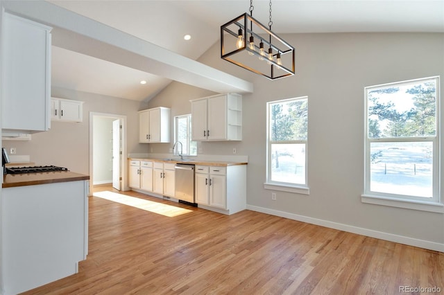 27627 E Broadview Dr, Kiowa, CO 80117 - kitchen with stainless steel dishwasher, open shelves, light wood-type flooring, baseboards, and hanging light fixtures