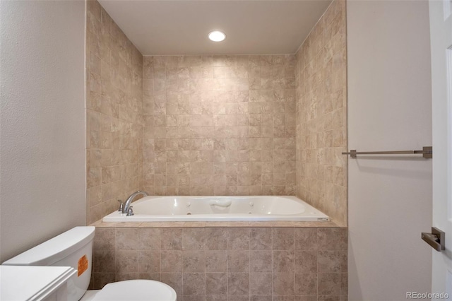 27627 E Broadview Dr, Kiowa, CO 80117 - full bathroom featuring toilet, a bath, recessed lighting, and tile walls