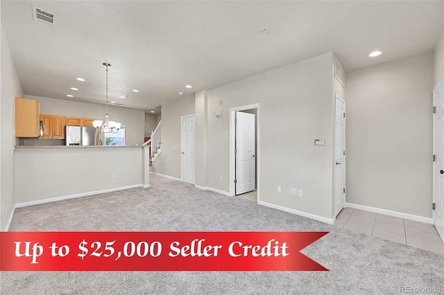unfurnished living room with a chandelier, recessed lighting, stairs, carpet, and baseboards