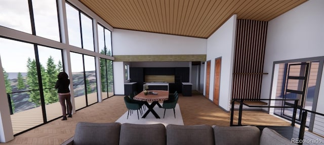 living room with high vaulted ceiling