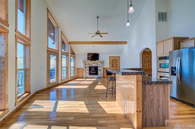 kitchen featuring appliances with stainless steel finishes, light hardwood / wood-style flooring, high vaulted ceiling, and decorative light fixtures