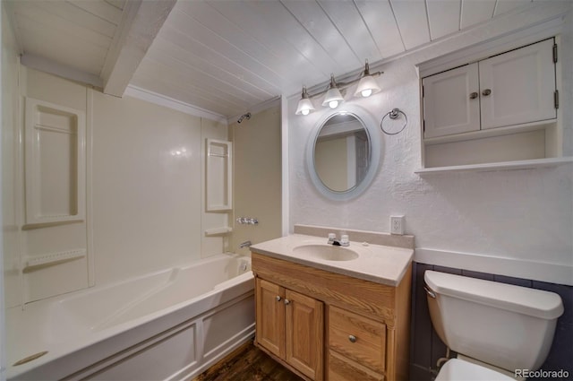 full bathroom with shower / washtub combination, vanity, toilet, and wooden ceiling