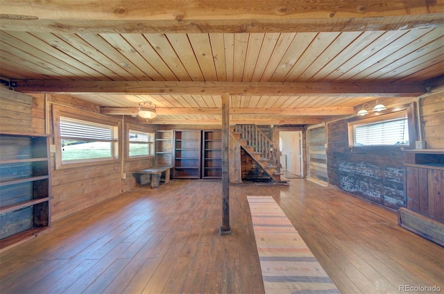 interior space featuring wood-type flooring, beamed ceiling, wooden walls, and wooden ceiling