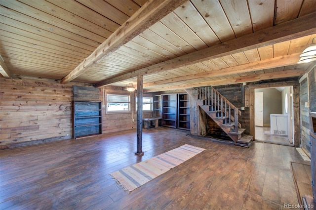 interior space featuring beam ceiling, wood ceiling, wood walls, and dark hardwood / wood-style flooring