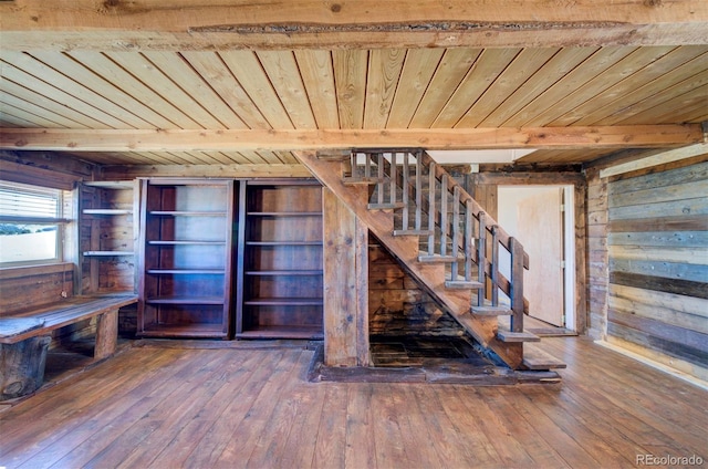 interior space featuring wood ceiling, wooden walls, beamed ceiling, and hardwood / wood-style flooring