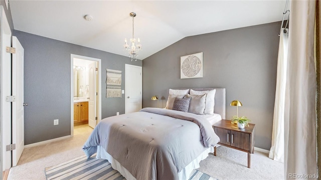 1670 S Deframe St Unit C2, Lakewood, CO 80228 - bedroom featuring a chandelier, vaulted ceiling, light colored carpet, and baseboards