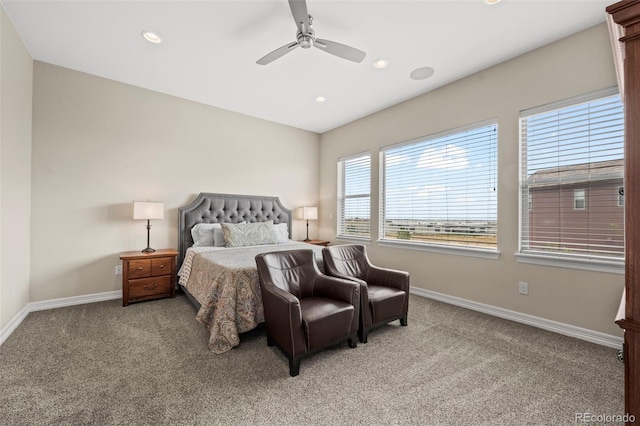 carpeted bedroom featuring ceiling fan