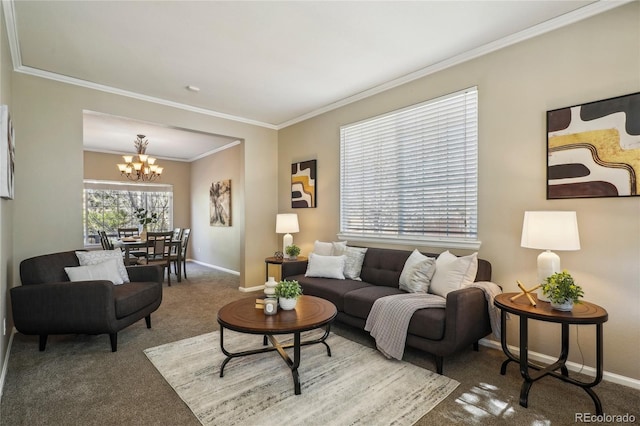 carpeted living area featuring baseboards, a chandelier, and crown molding